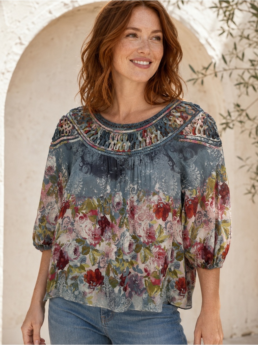 Sundance Silk Floral Blouse L Blue Open Lattice Neck Boho Lined Elbow Sleeve